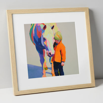 Radiant Bond horse & rider art print in natural frame