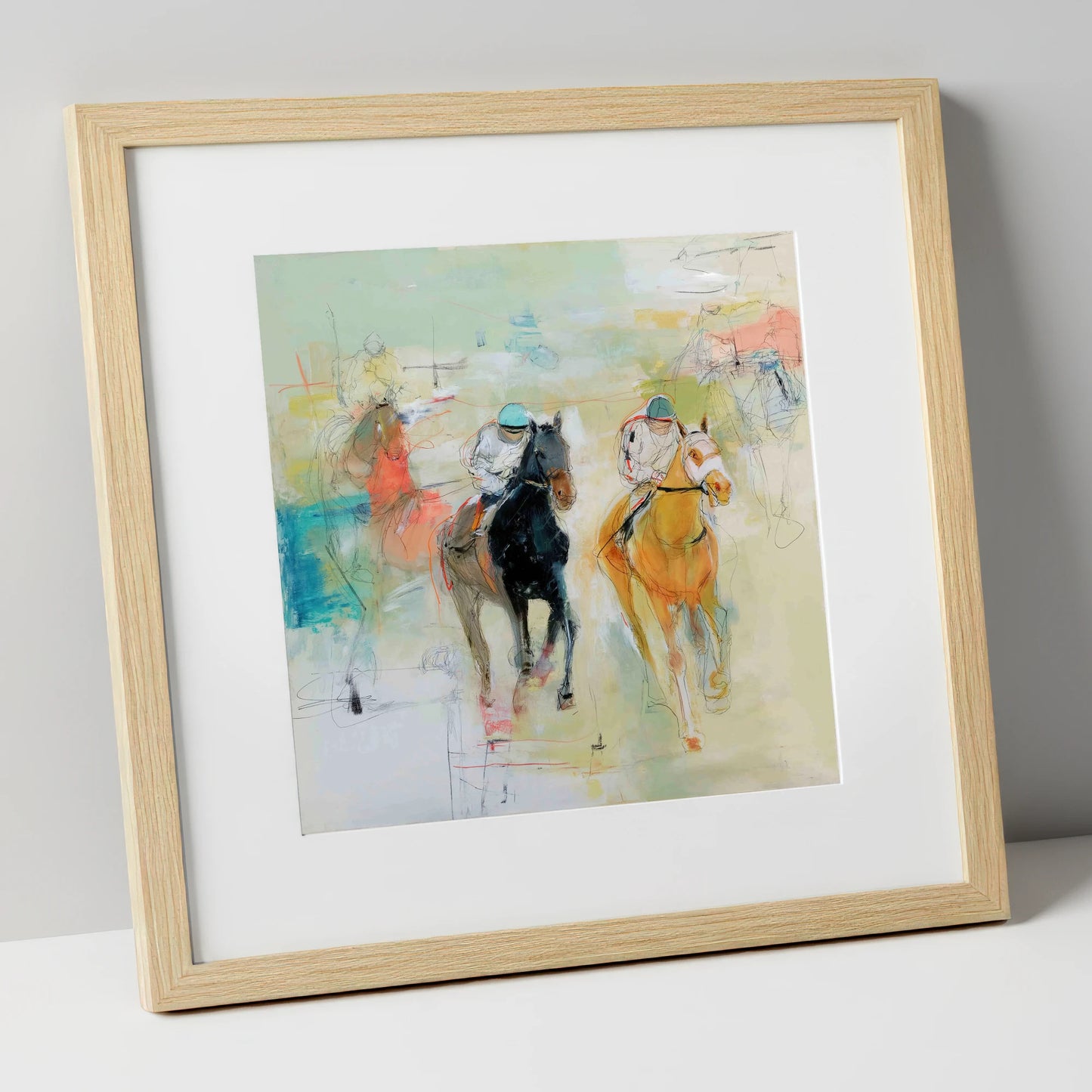 Thundering Strides racing horse art print in natural frame