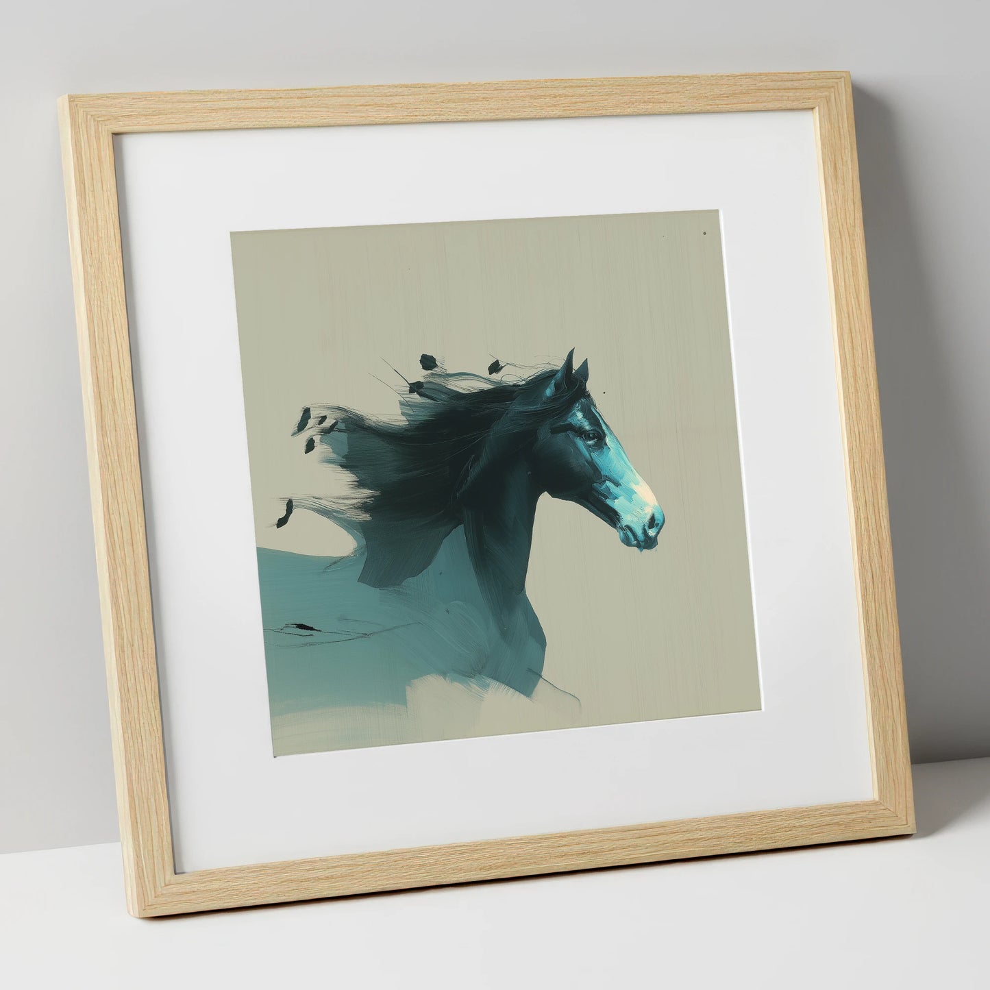 Dynamic Teal Spirit horse breed art print in natural frame