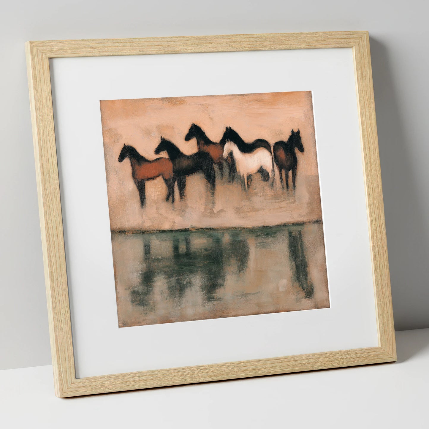 The Quiet Shallows wild horses art print in natural frame