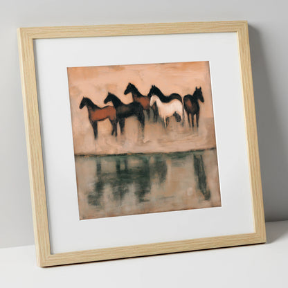 The Quiet Shallows wild horses art print in natural frame