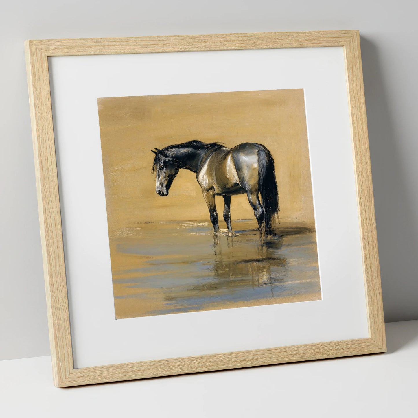 Reflection in Ochre horse portrait art print in natural frame