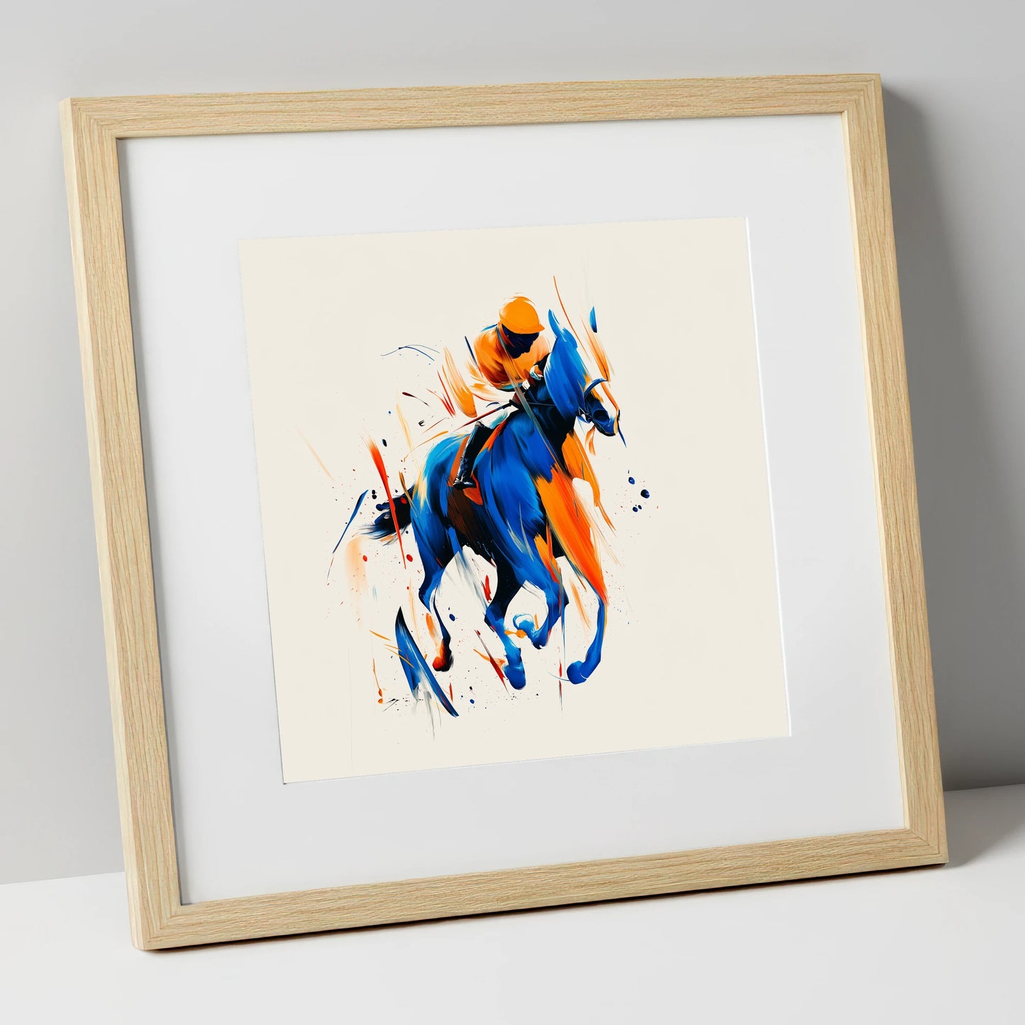 Velocity in Cobalt racing horse art print in natural frame