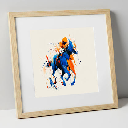 Velocity in Cobalt racing horse art print in natural frame