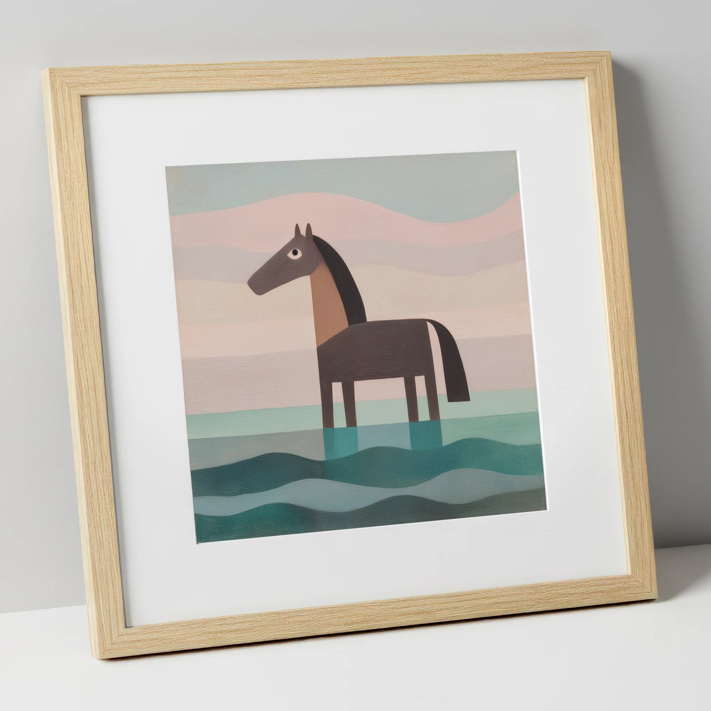 Stillness in the Shallows beach horse art print in natural frame