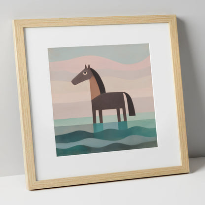 Stillness in the Shallows beach horse art print in natural frame