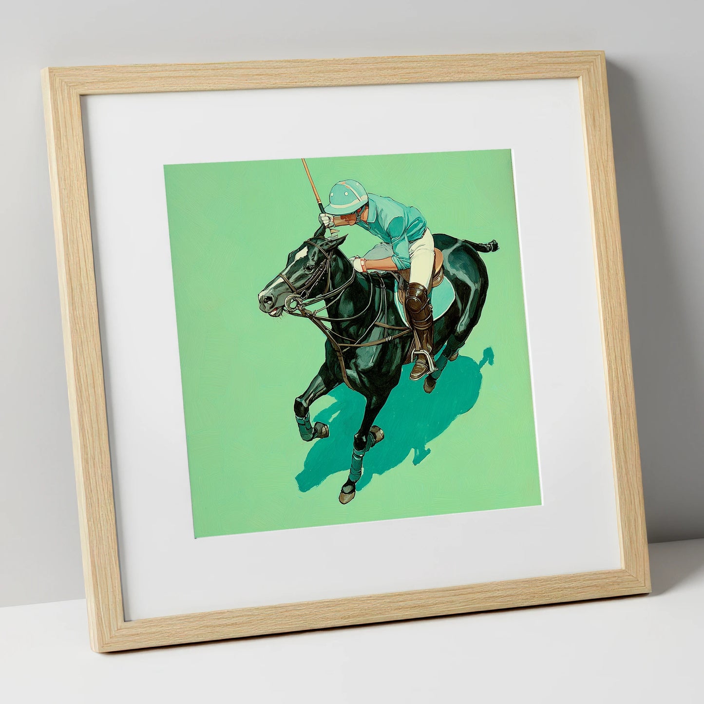 The Teal Chukka polo horse art print in natural frame
