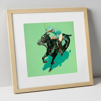 The Teal Chukka polo horse art print in natural frame