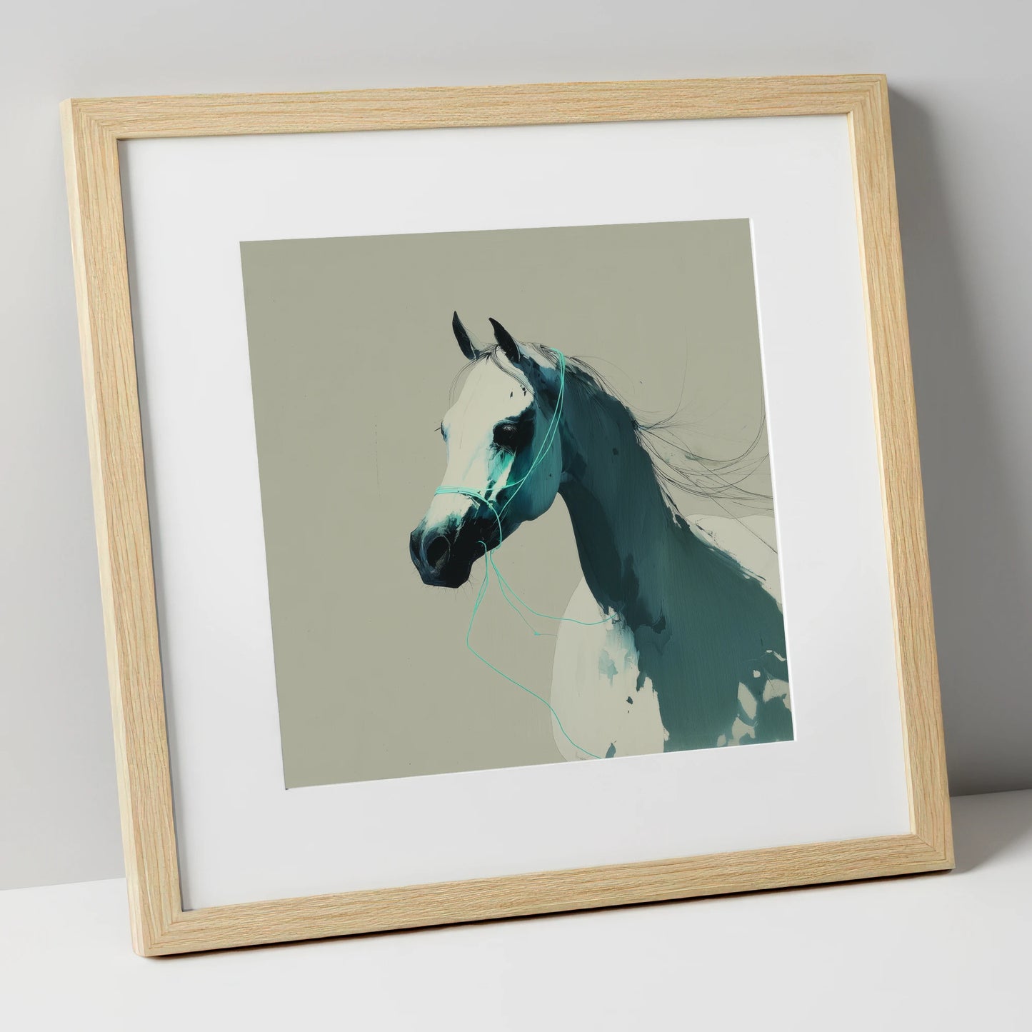 Midnight Teal Arabian horse breed art print in natural frame