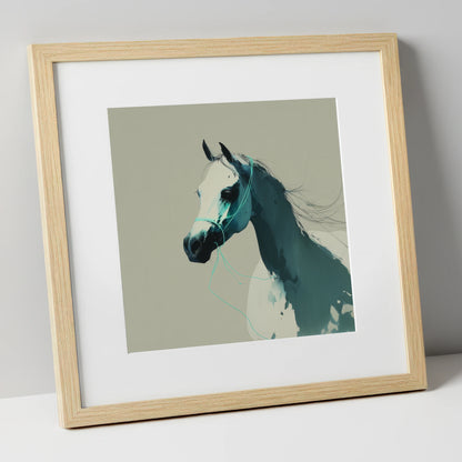 Midnight Teal Arabian horse breed art print in natural frame