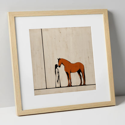 Shared Silence horse & rider art print in natural frame