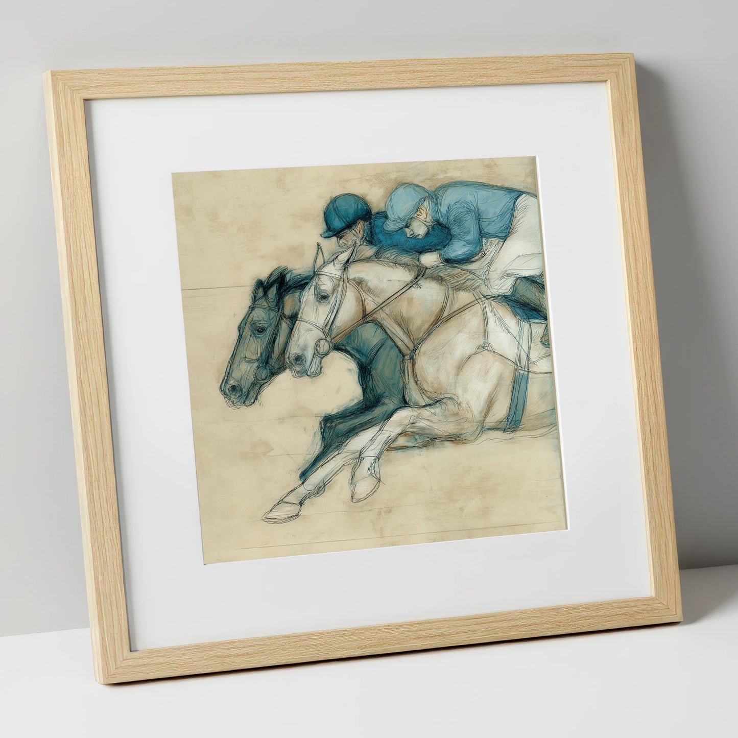 Neck and Neck racing horse art print in natural frame