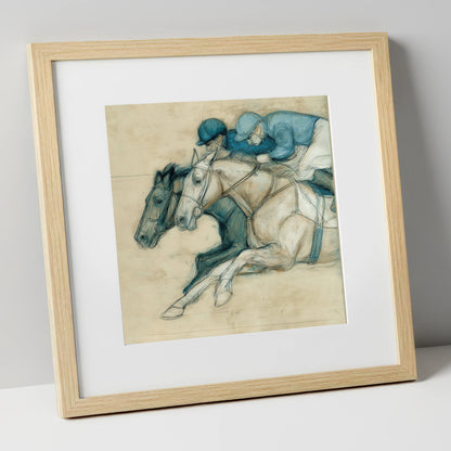 Neck and Neck racing horse art print in natural frame