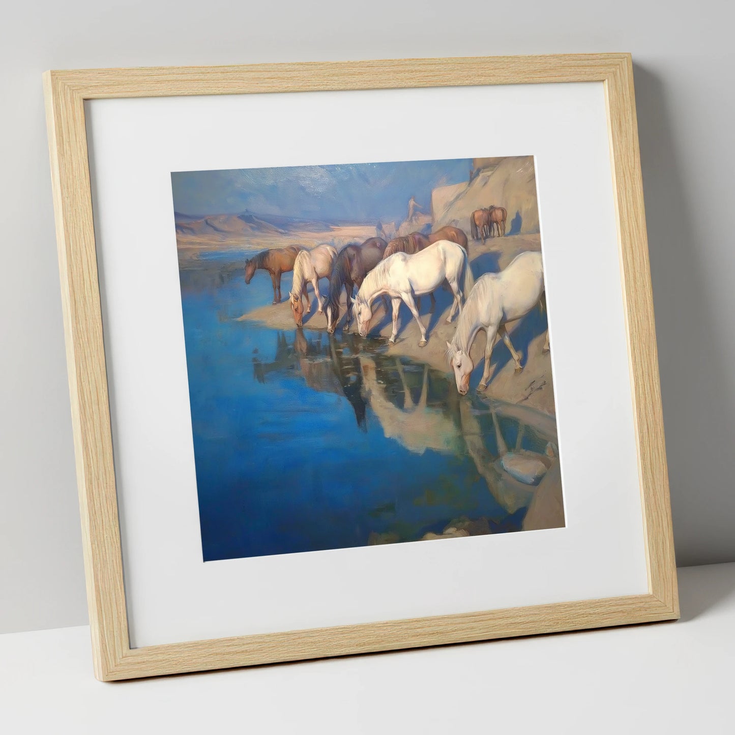 Oasis Reflections wild horses art print in natural frame
