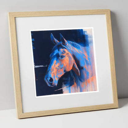 Cobalt and Copper Gaze horse portrait art print in natural frame