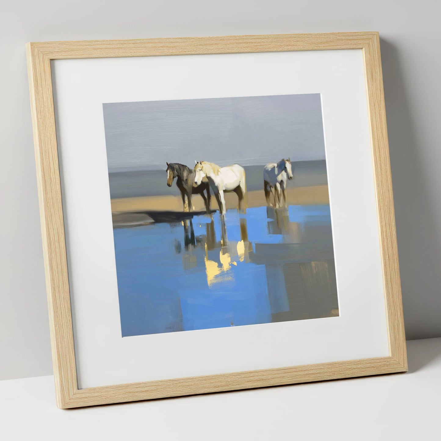 Azure Shore Reflections wild horses art print in natural frame