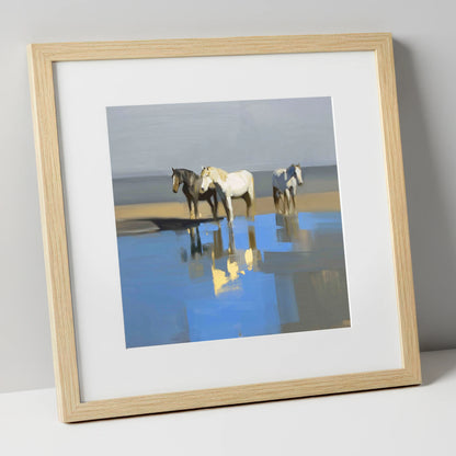 Azure Shore Reflections wild horses art print in natural frame