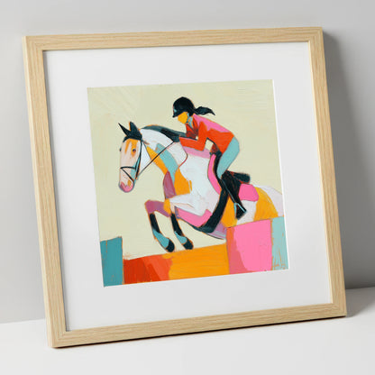 Painted Flight show jumping horse art print in natural frame