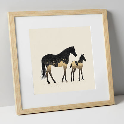 Gilded Midnight Bond mare & foal art print in natural frame