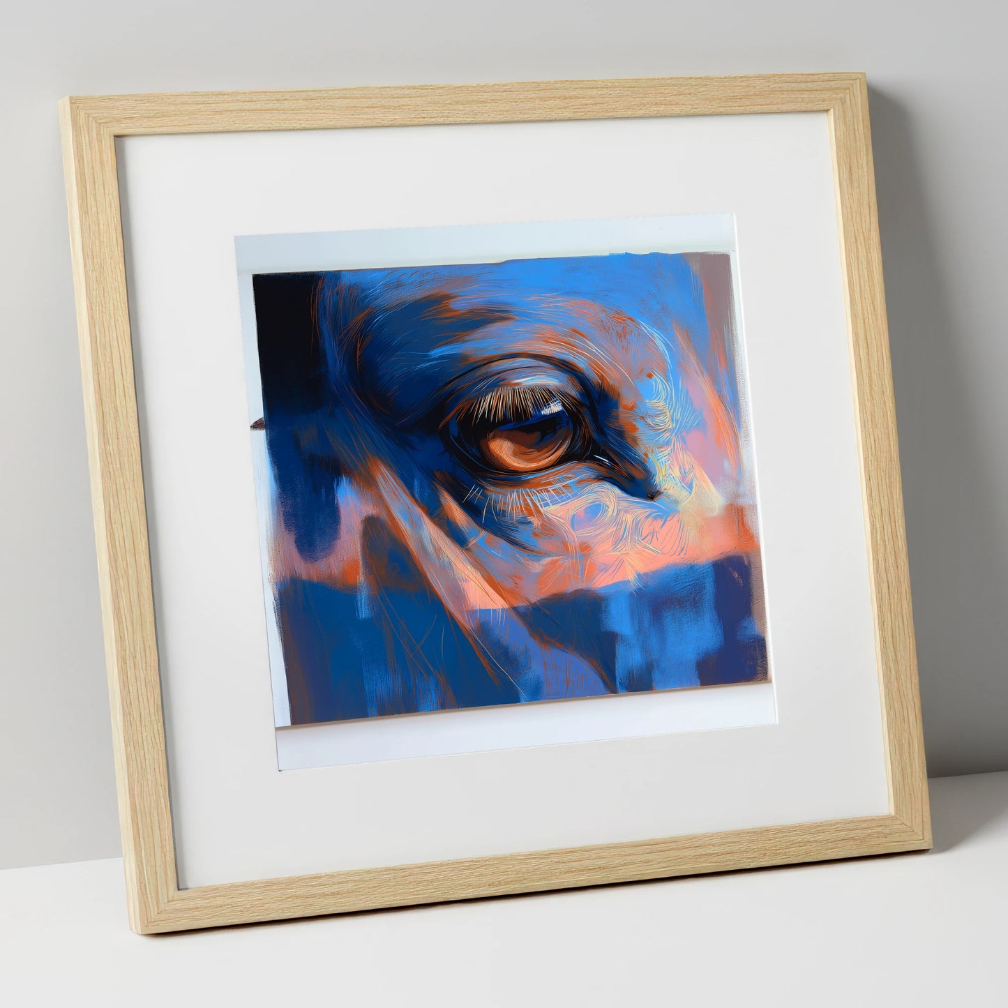 Soulful Azure Gaze horse portrait art print in natural frame