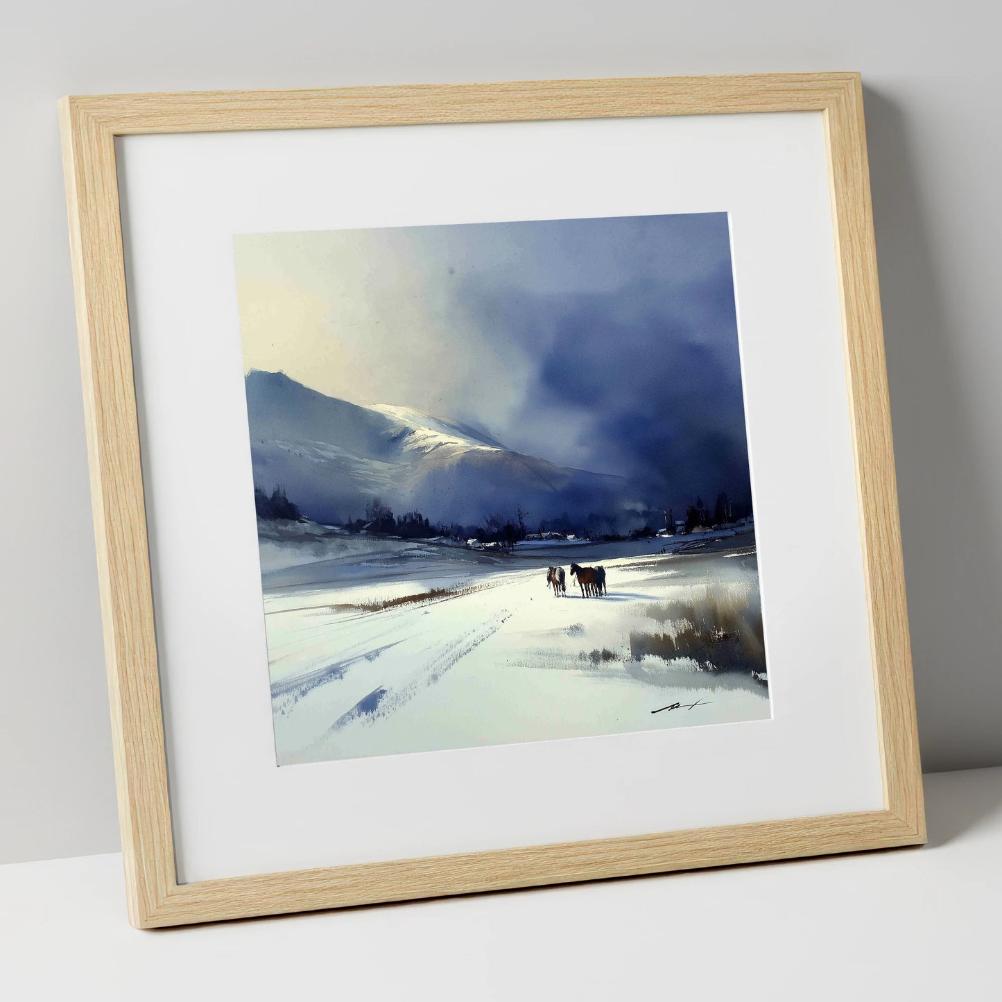 Indigo Winter Valley horse landscape art print in natural frame