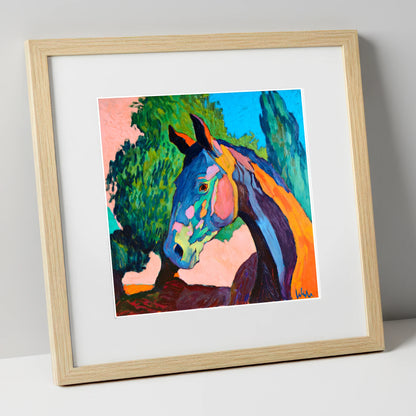 Vibrant Equine Expression horse portrait art print in natural frame