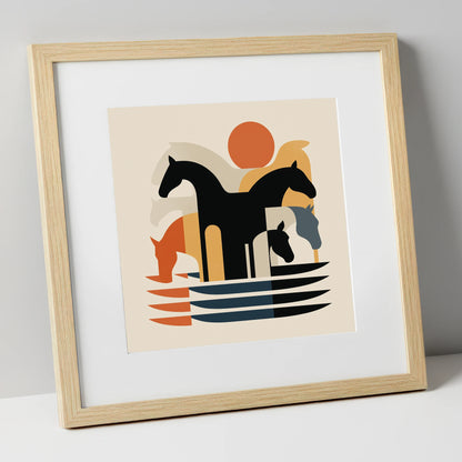 Abstract Terracotta Herd wild horses art print in natural frame