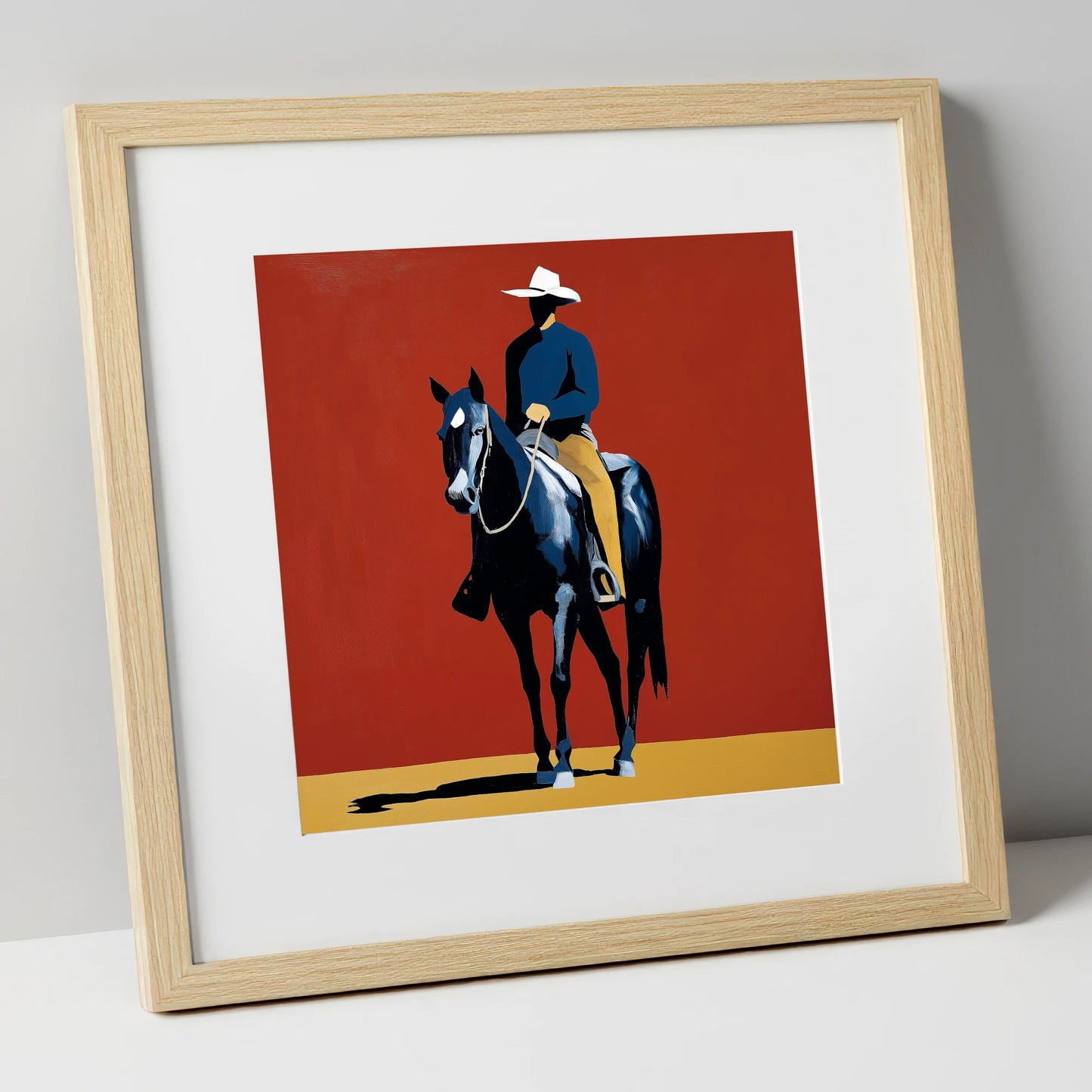 The Crimson Frontier Rider western horse art print in natural frame
