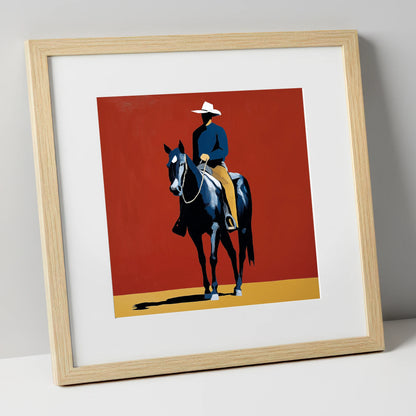 The Crimson Frontier Rider western horse art print in natural frame