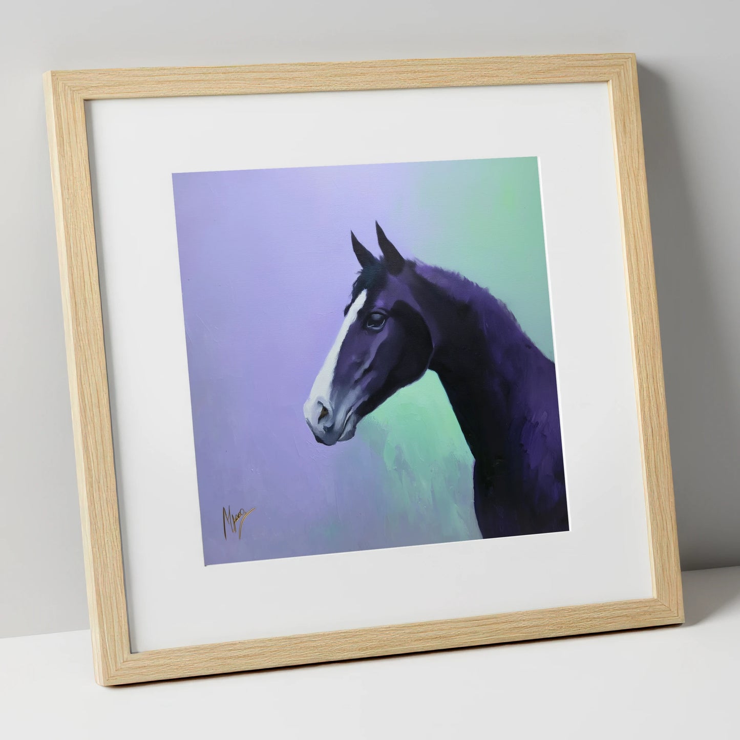 Amethyst Equine Profile horse portrait art print in natural frame