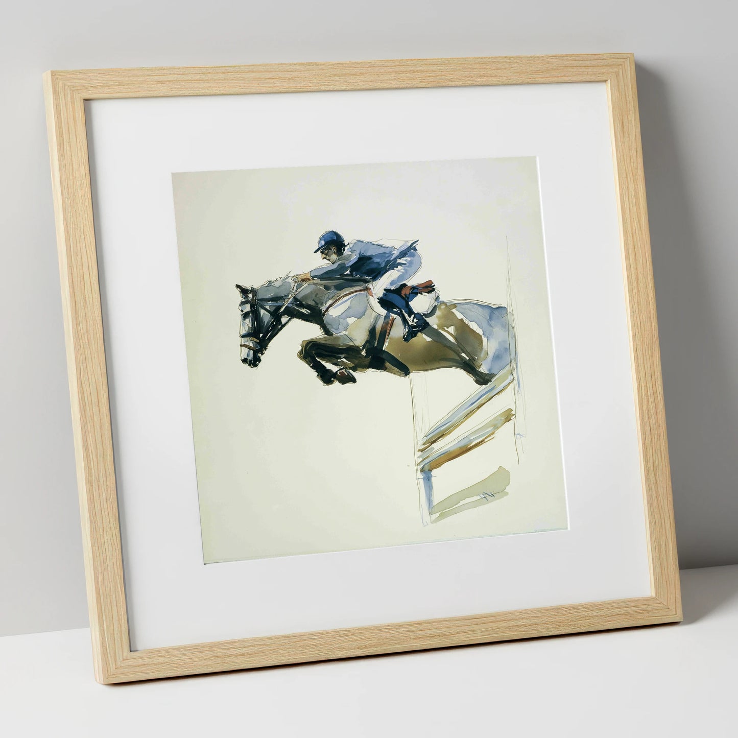 The Perfect Bascule show jumping horse art print in natural frame