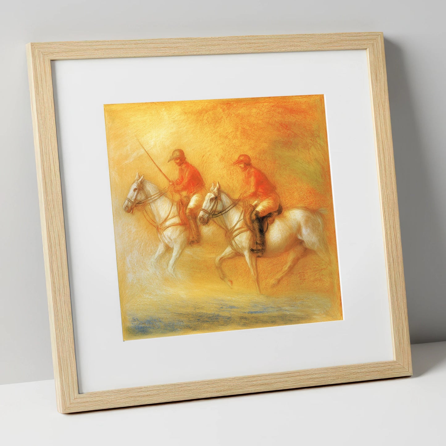 Golden Hour Polo polo horse art print in natural frame