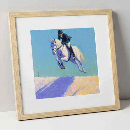 Airborne in Violet Light show jumping horse art print in natural frame