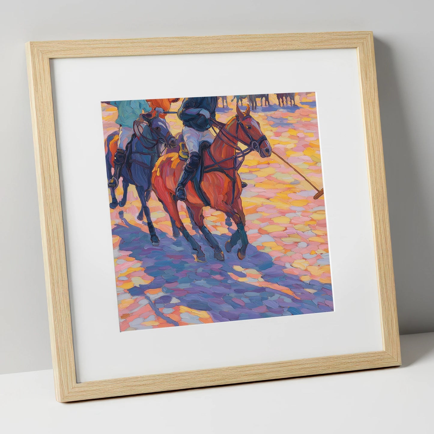 Sunset Chukka Shadows polo horse art print in natural frame