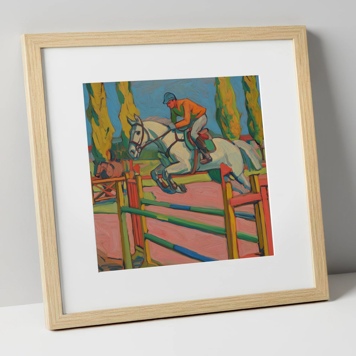 Vibrant Ascent show jumping horse art print in natural frame