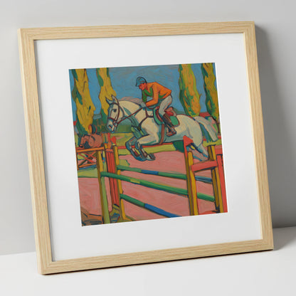 Vibrant Ascent show jumping horse art print in natural frame
