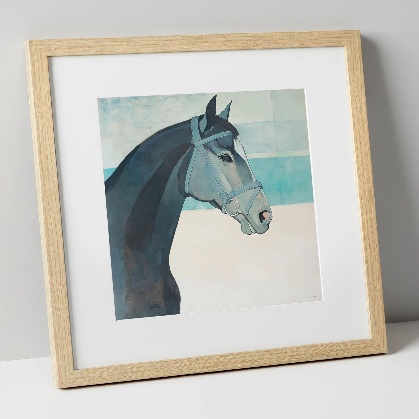 Serene Aquamarine Profile racing horse art print in natural frame