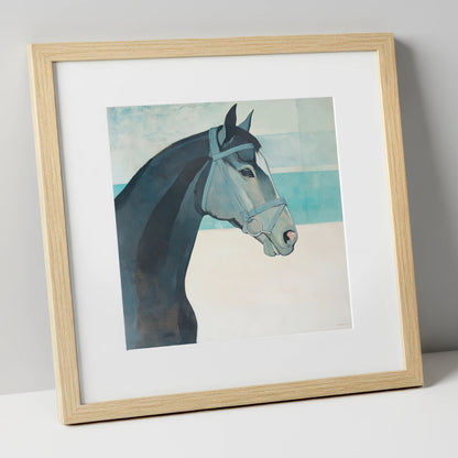 Serene Aquamarine Profile racing horse art print in natural frame