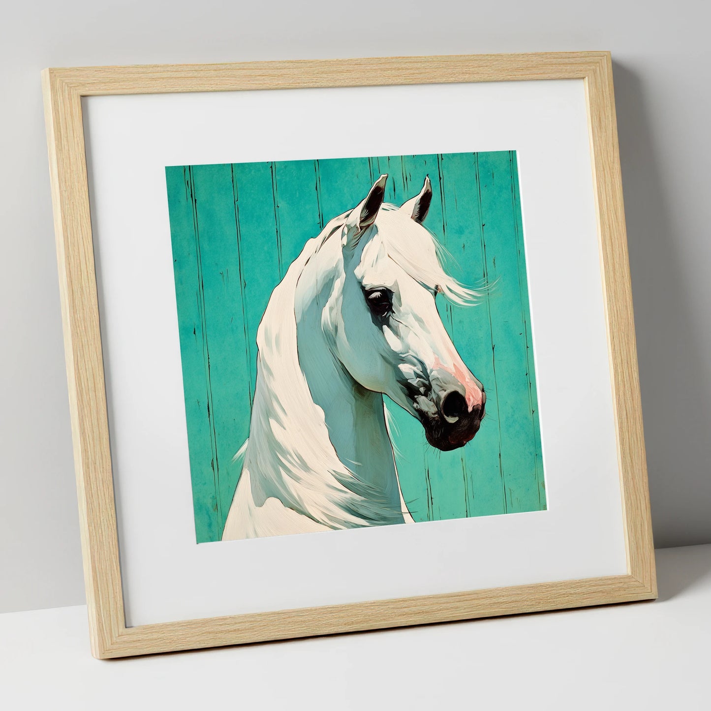 Vibrant Grey on Teal horse breed art print in natural frame
