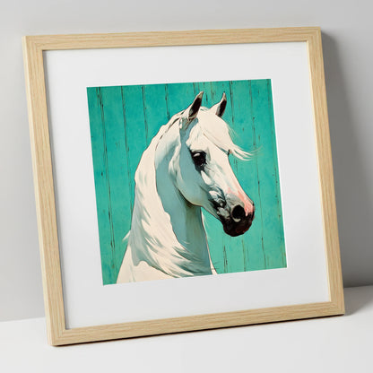 Vibrant Grey on Teal horse breed art print in natural frame