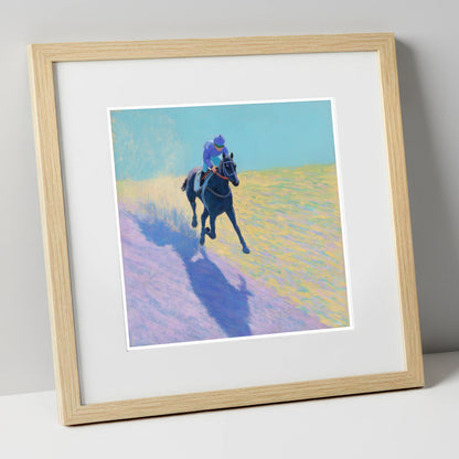 Pastel Morning Canter racing horse art print in natural frame