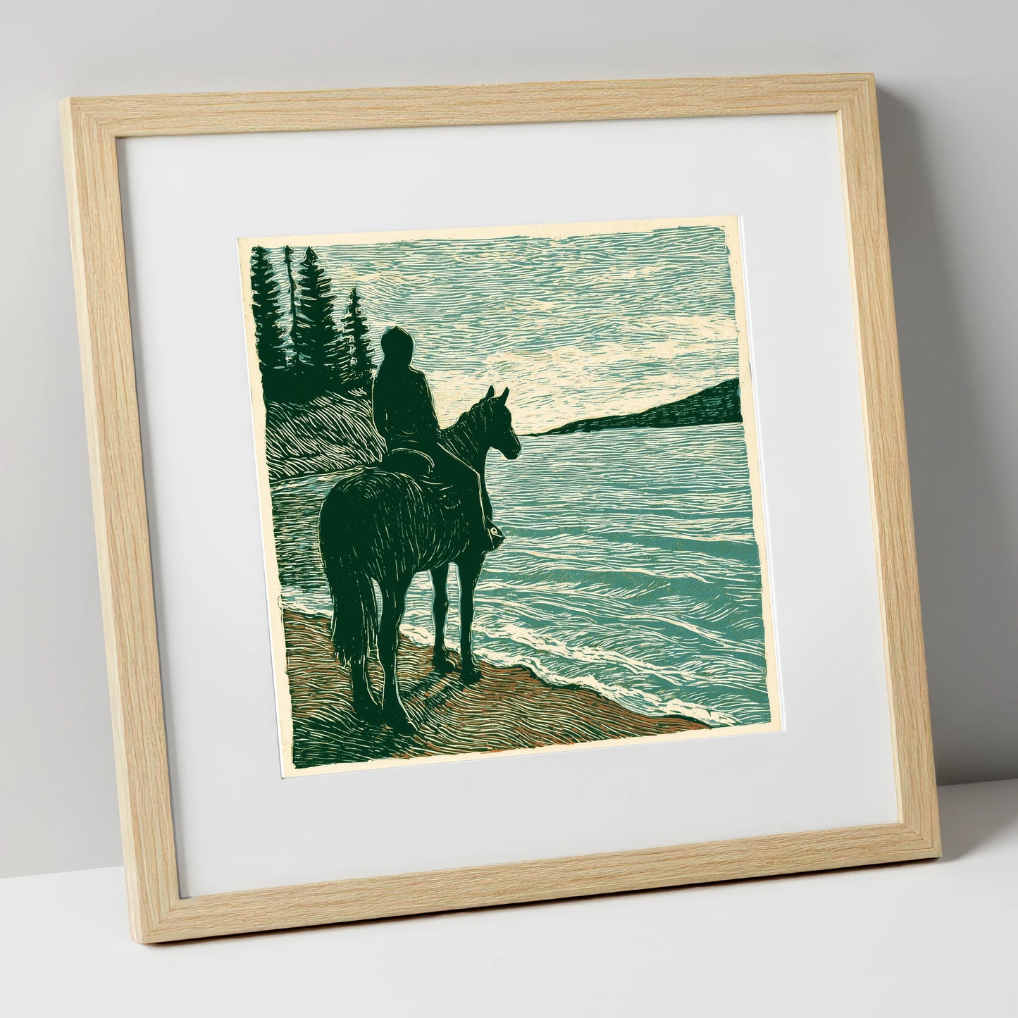 Coastal Solitude beach horse art print in natural frame
