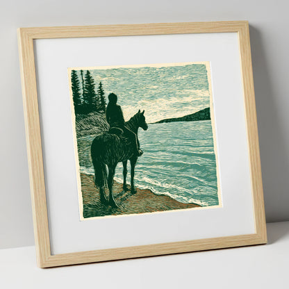 Coastal Solitude beach horse art print in natural frame