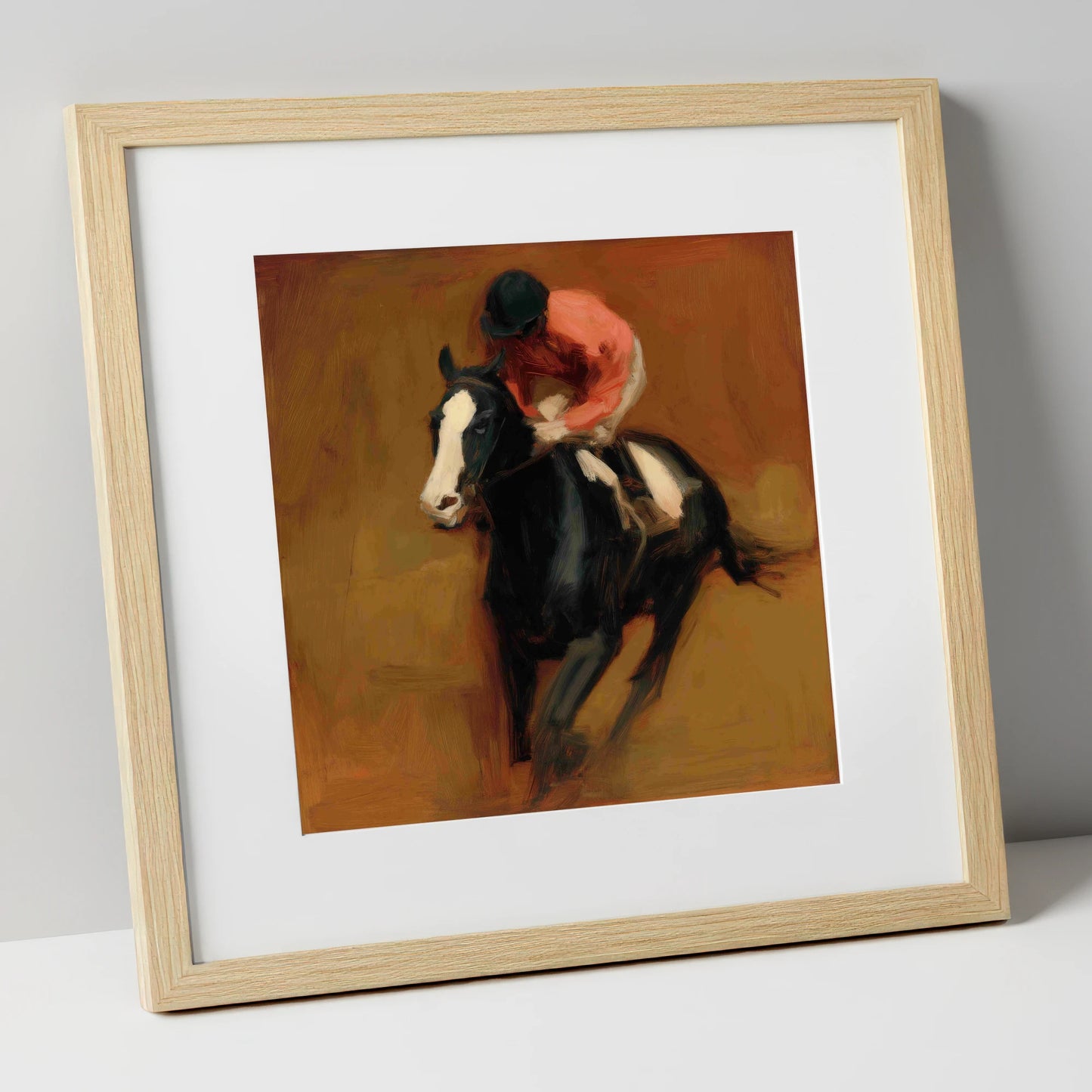 Terracotta Thunder racing horse art print in natural frame