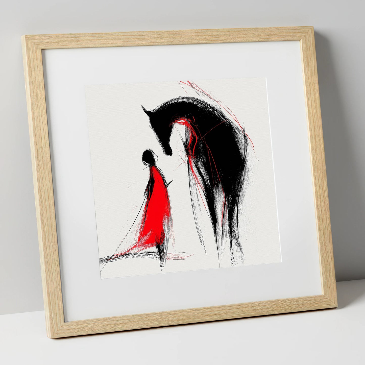Crimson Bond horse & rider art print in natural frame