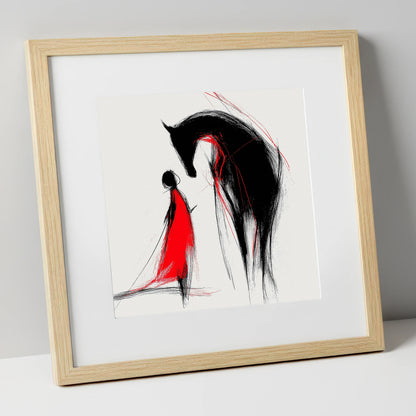 Crimson Bond horse & rider art print in natural frame