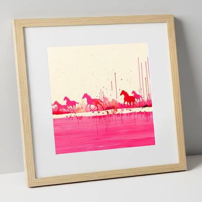 Crimson Gallop wild horses art print in natural frame