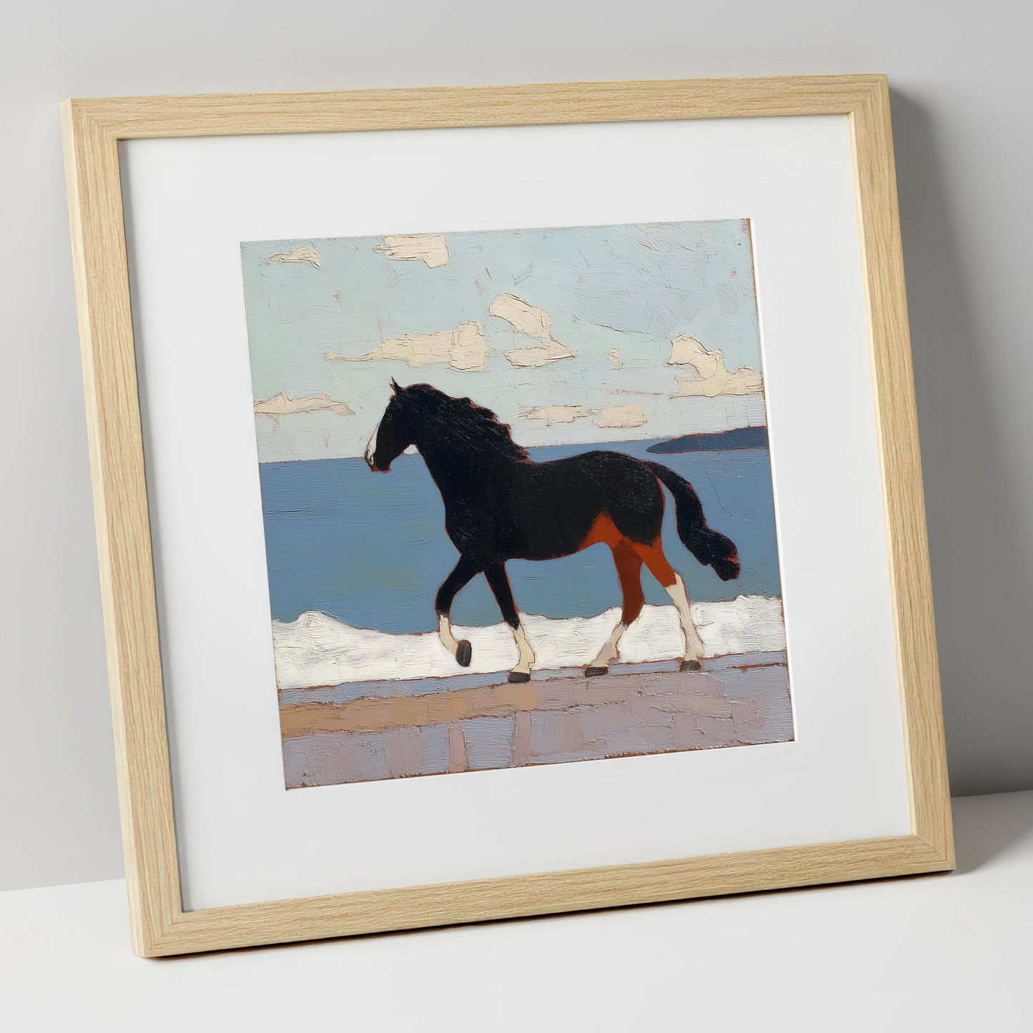 Seaside Stride horse landscape art print in natural frame