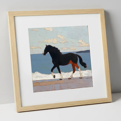 Seaside Stride horse landscape art print in natural frame