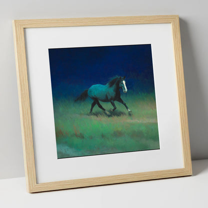 Midnight Canter horse landscape art print in natural frame